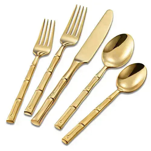 FLATASY Flatware, Bamboo Pattern Gold Stainless Steel Silverware 20-PC Set