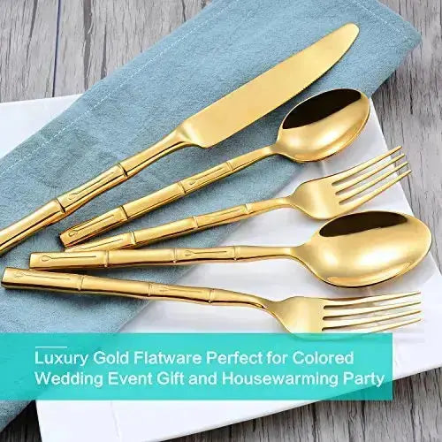 FLATASY Flatware, Bamboo Pattern Gold Stainless Steel Silverware 20-PC Set