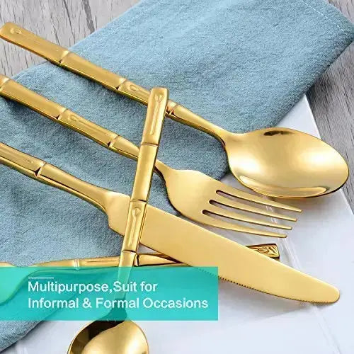 FLATASY Flatware, Bamboo Pattern Gold Stainless Steel Silverware 20-PC Set