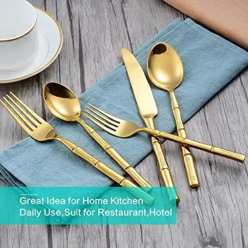 FLATASY Flatware, Bamboo Pattern Gold Stainless Steel Silverware 20-PC Set