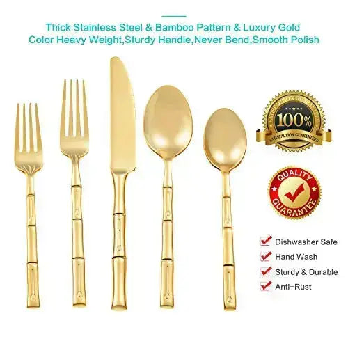 FLATASY Flatware, Bamboo Pattern Gold Stainless Steel Silverware 20-PC Set