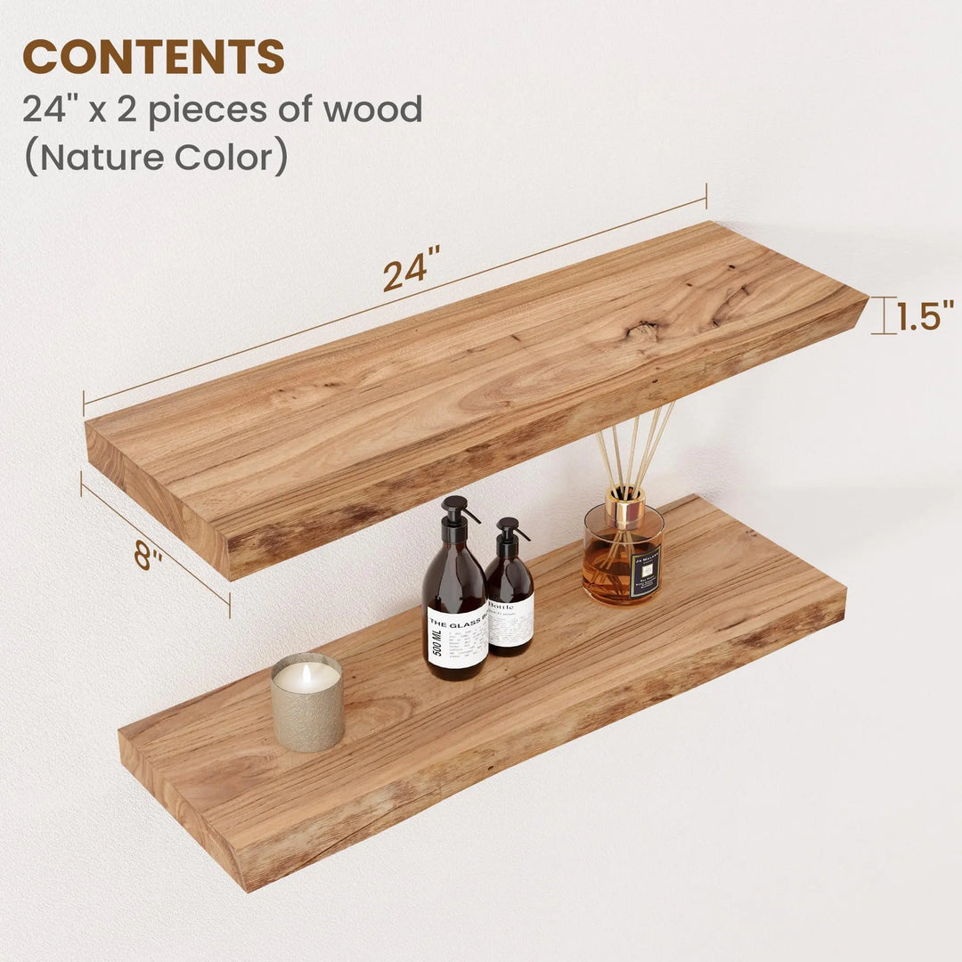 Floating Shelves for Wall Decor, Rustic Solid Elm Wood Live Edge Floating Shelves Wall Mounted, Wall Shelves with Invisible Bracket for Living Room Bathroom Bedroom Kitchen, 24 Inch Set of 2, Natural 