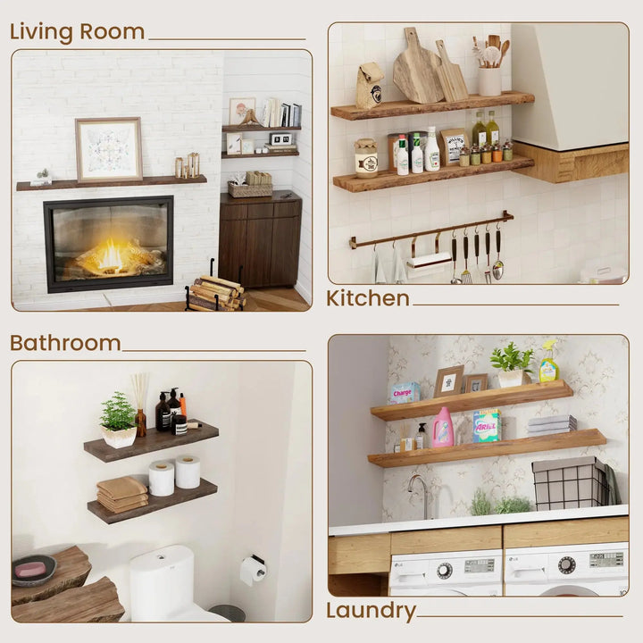 Floating Shelves for Wall Decor, Rustic Solid Elm Wood Live Edge Floating Shelves Wall Mounted, Wall Shelves with Invisible Bracket for Living Room Bathroom Bedroom Kitchen, 24 Inch Set of 2, Natural 