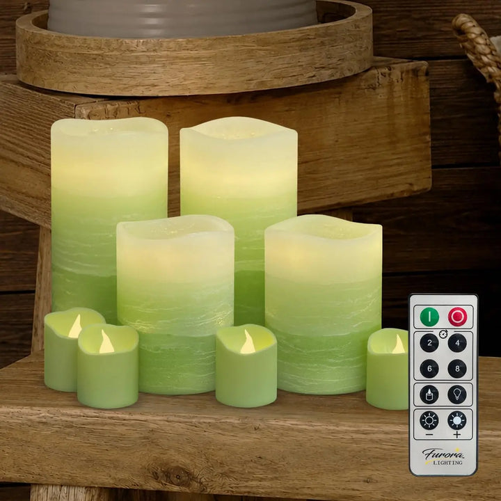 FURORA LIGHTING Green Ombre LED Candles, 8-Pack Set with Remote &amp; Timer