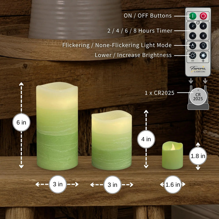 FURORA LIGHTING Green Ombre LED Candles, 8-Pack Set with Remote &amp; Timer