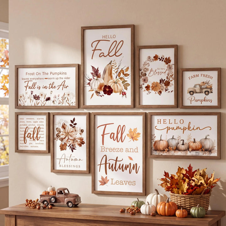 Faccito 8 Set Fall Wall Art Decor, Farmhouse, Hello Fall Pumpkin, Wooden