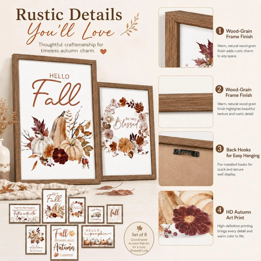 Faccito 8 Set Fall Wall Art Decor, Farmhouse, Hello Fall Pumpkin, Wooden
