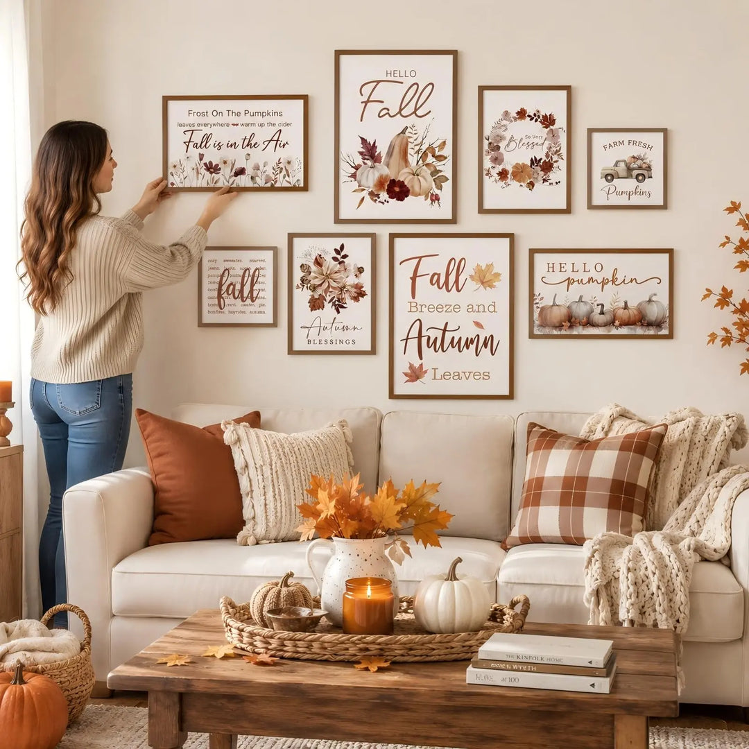 Faccito 8 Set Fall Wall Art Decor, Farmhouse, Hello Fall Pumpkin, Wooden