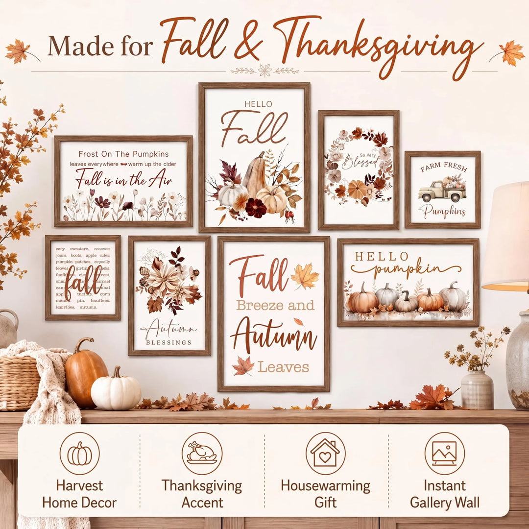 Faccito 8 Set Fall Wall Art Decor, Farmhouse, Hello Fall Pumpkin, Wooden
