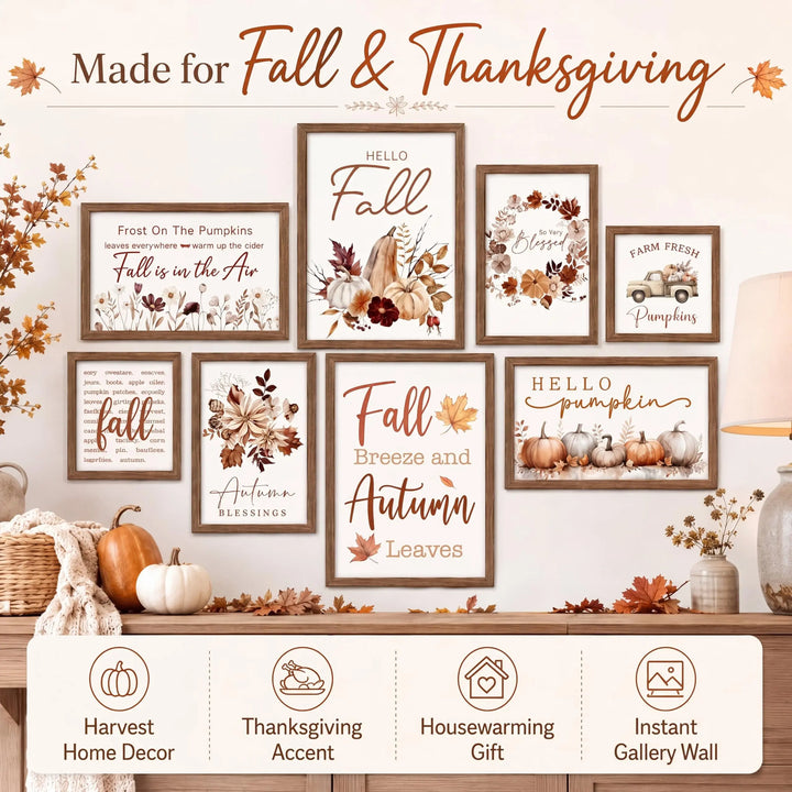 Faccito 8 Set Fall Wall Art Decor, Farmhouse, Hello Fall Pumpkin, Wooden