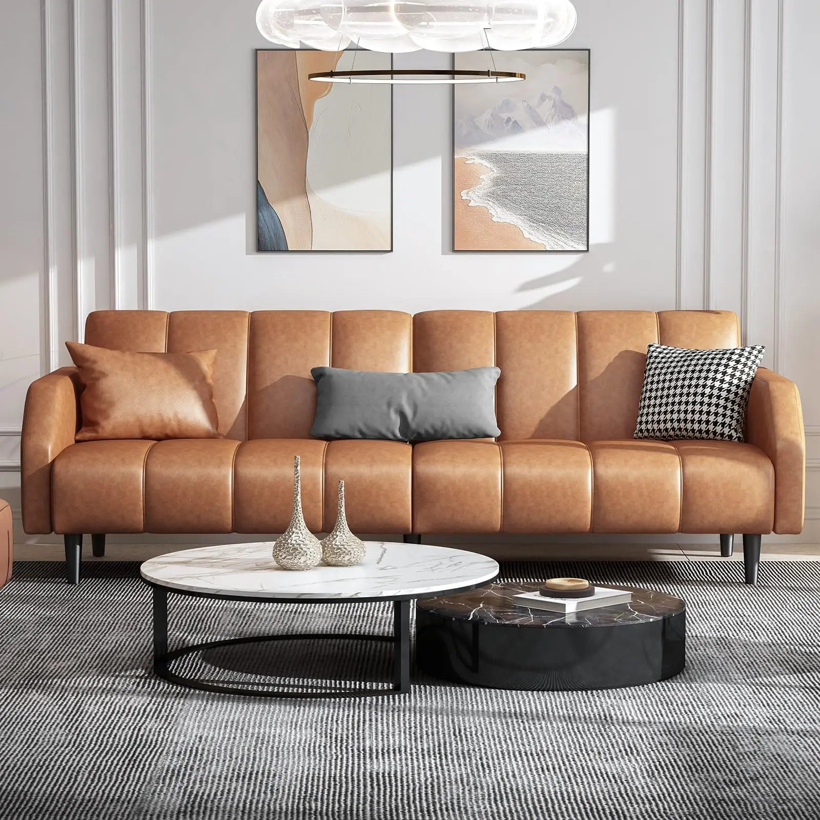 Fadware 78'' Futon, 2-Seater Faux Leather Futon Sleeper with Adjustable Backrest - Brown 