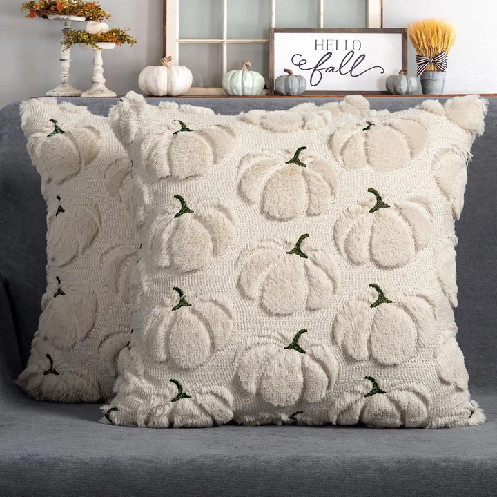 Fall Pillow Covers 18x18, Set of 2, Beige Pumpkin Decorations for Home