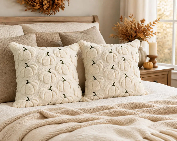 Fall Pillow Covers 18x18, Set of 2, Beige Pumpkin Decorations for Home