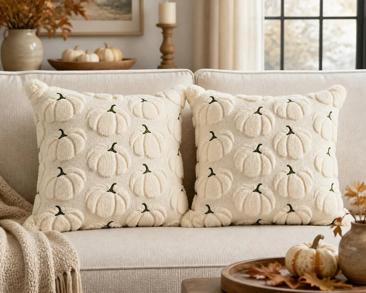 Fall Pillow Covers 18x18, Set of 2, Beige Pumpkin Decorations for Home
