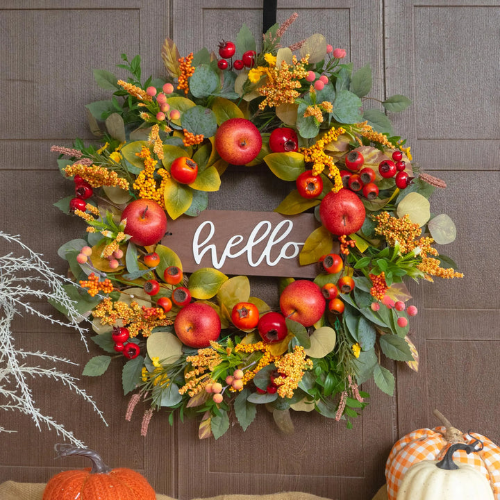 Fall Wreath for Front Door 24 Inch, Autumn Rustic Harvest Apple Wreath