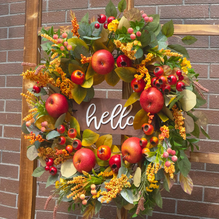 Fall Wreath for Front Door 24 Inch, Autumn Rustic Harvest Apple Wreath