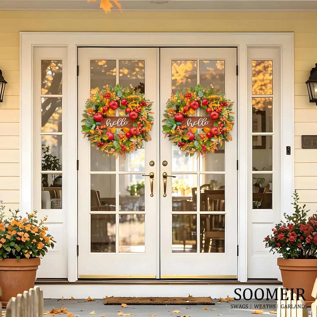 Fall Wreath for Front Door 24 Inch, Autumn Rustic Harvest Apple Wreath
