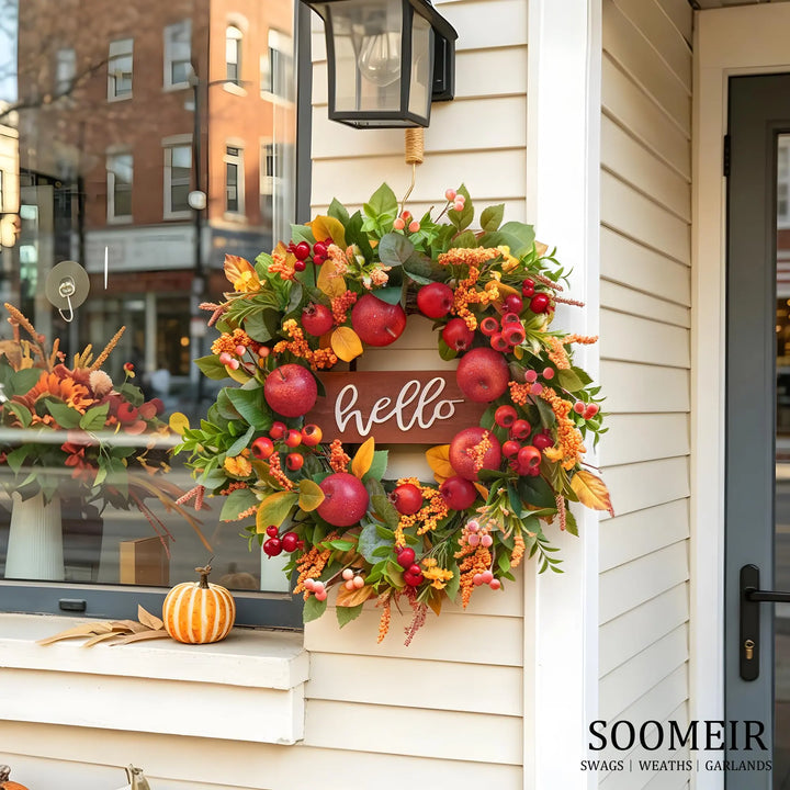 Fall Wreath for Front Door 24 Inch, Autumn Rustic Harvest Apple Wreath