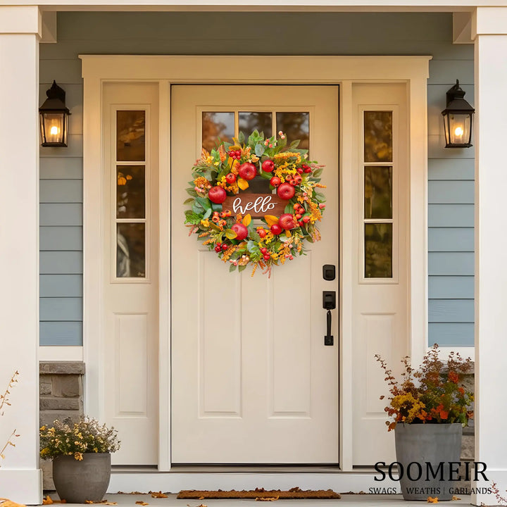 Fall Wreath for Front Door 24 Inch, Autumn Rustic Harvest Apple Wreath
