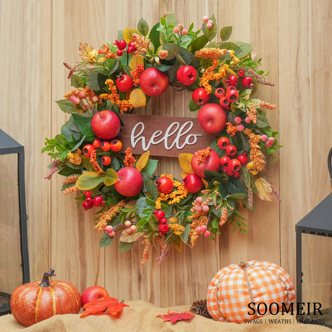 Fall Wreath for Front Door 24 Inch, Autumn Rustic Harvest Apple Wreath
