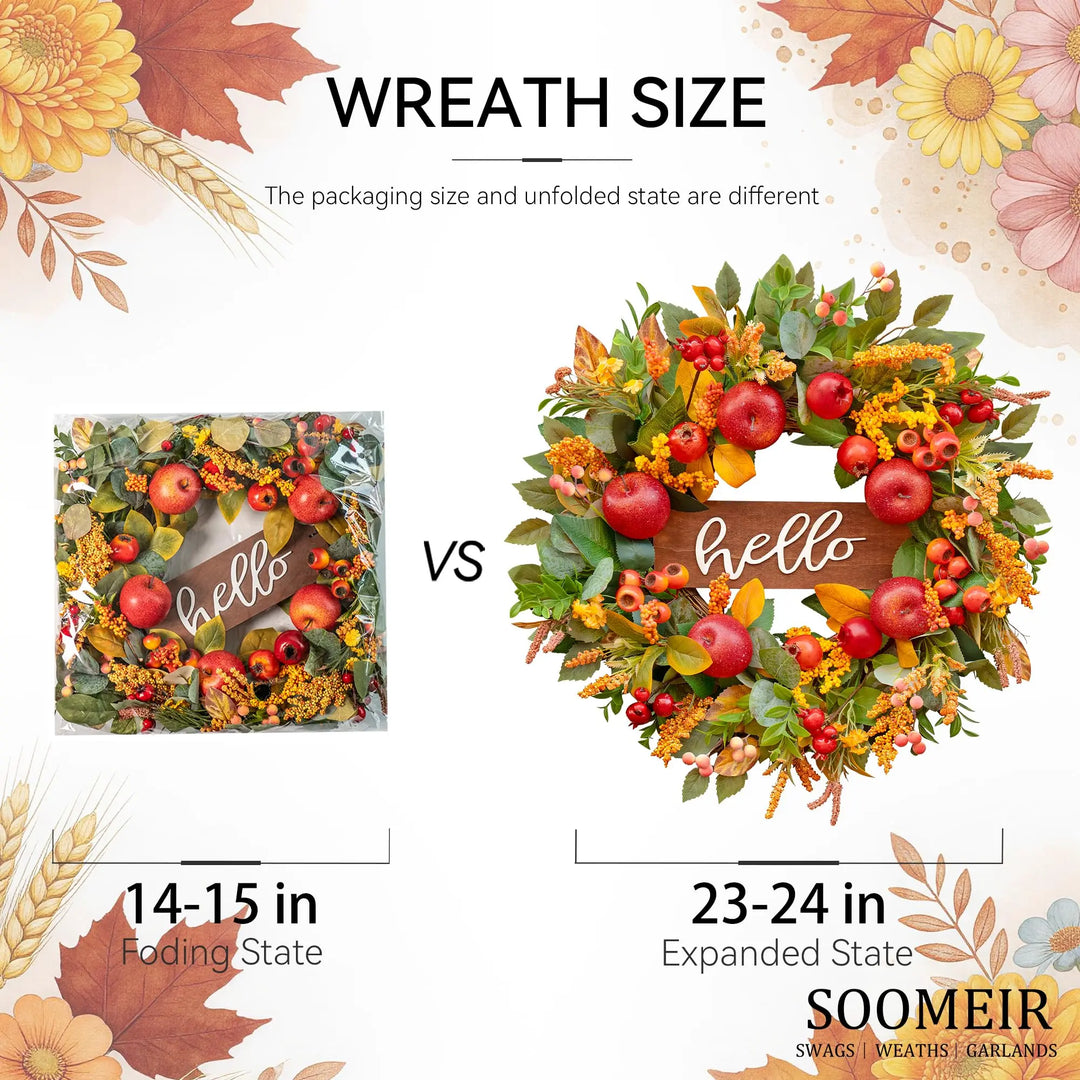 Fall Wreath for Front Door 24 Inch, Autumn Rustic Harvest Apple Wreath