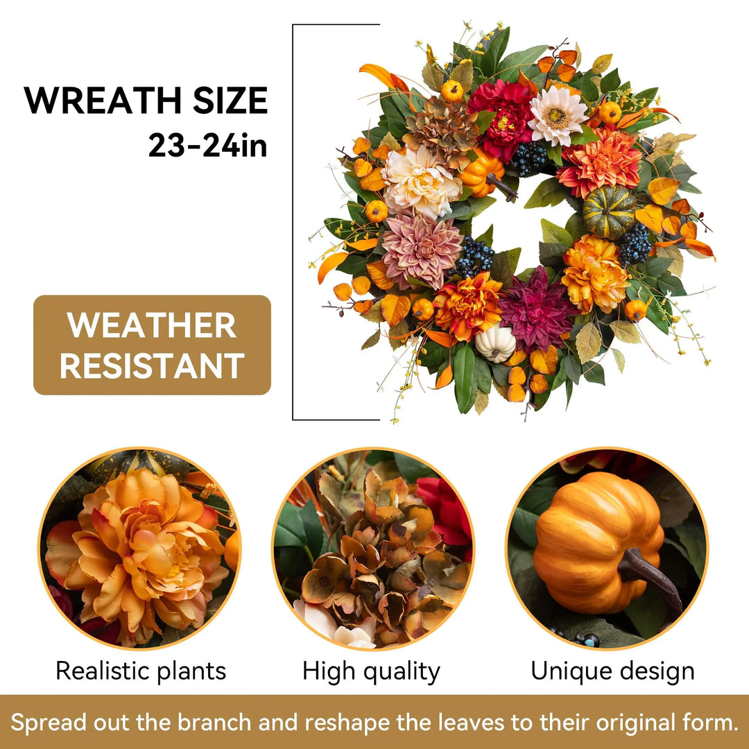 Fall Wreaths for Front Door 24 Inch, Rustic Farmhouse Harvest Autumn Wreath