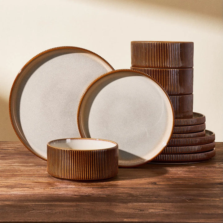 Famiware Premium Dinnerware Set for 4, Reactive Glaze Plates and Bowls Sets