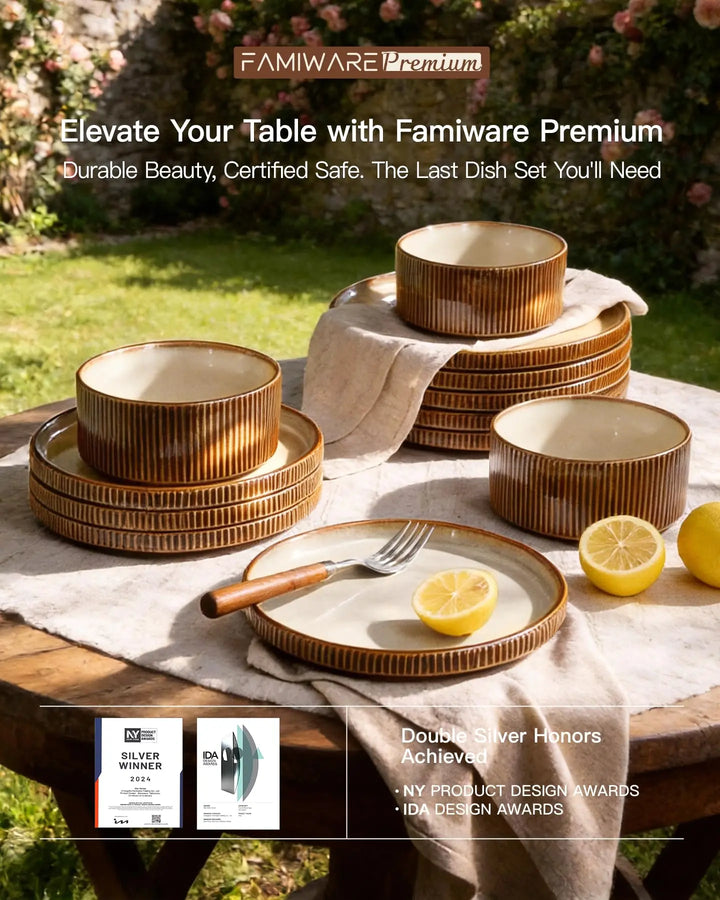 Famiware Premium Dinnerware Set for 4, Reactive Glaze Plates and Bowls Sets