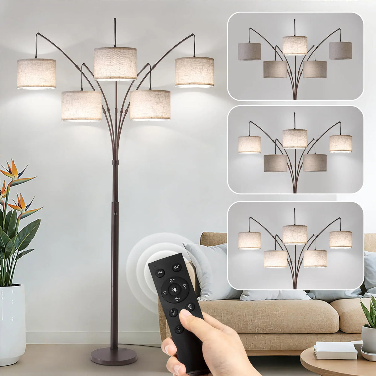 Fansdrick Dimmable Floor Lamp - Arc Floor Lamps for Living Room, 4000LM Super Bright Modern Tall Standing Lamp with Black Shades & Heavy Base, Mid Century Tree Floor Lamp for Bedroom Office 