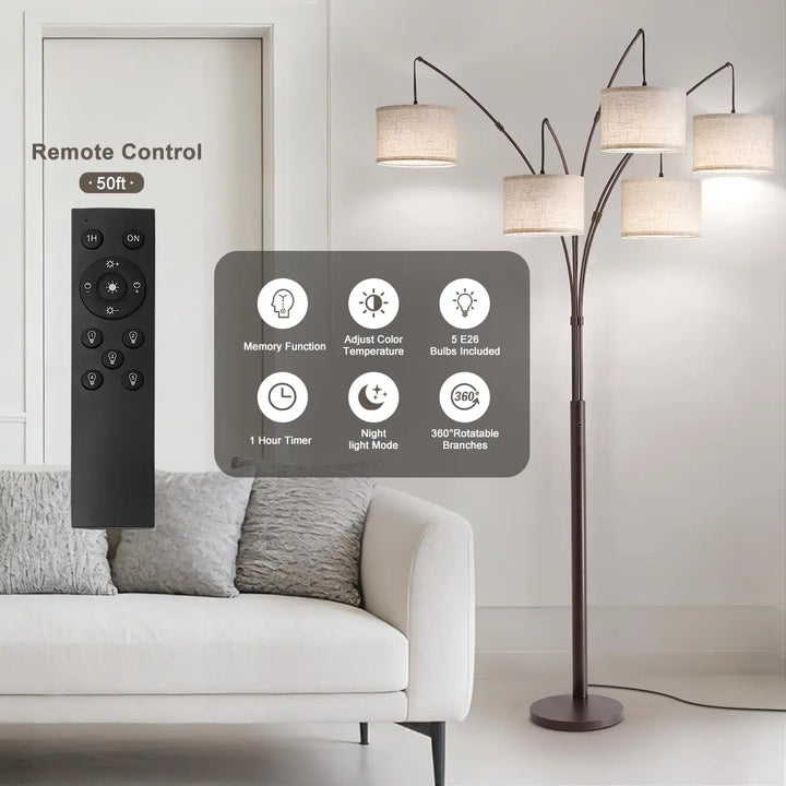Fansdrick Dimmable Floor Lamp - Arc Floor Lamps for Living Room, 4000LM Super Bright Modern Tall Standing Lamp with Black Shades &amp; Heavy Base, Mid Century Tree Floor Lamp for Bedroom Office 