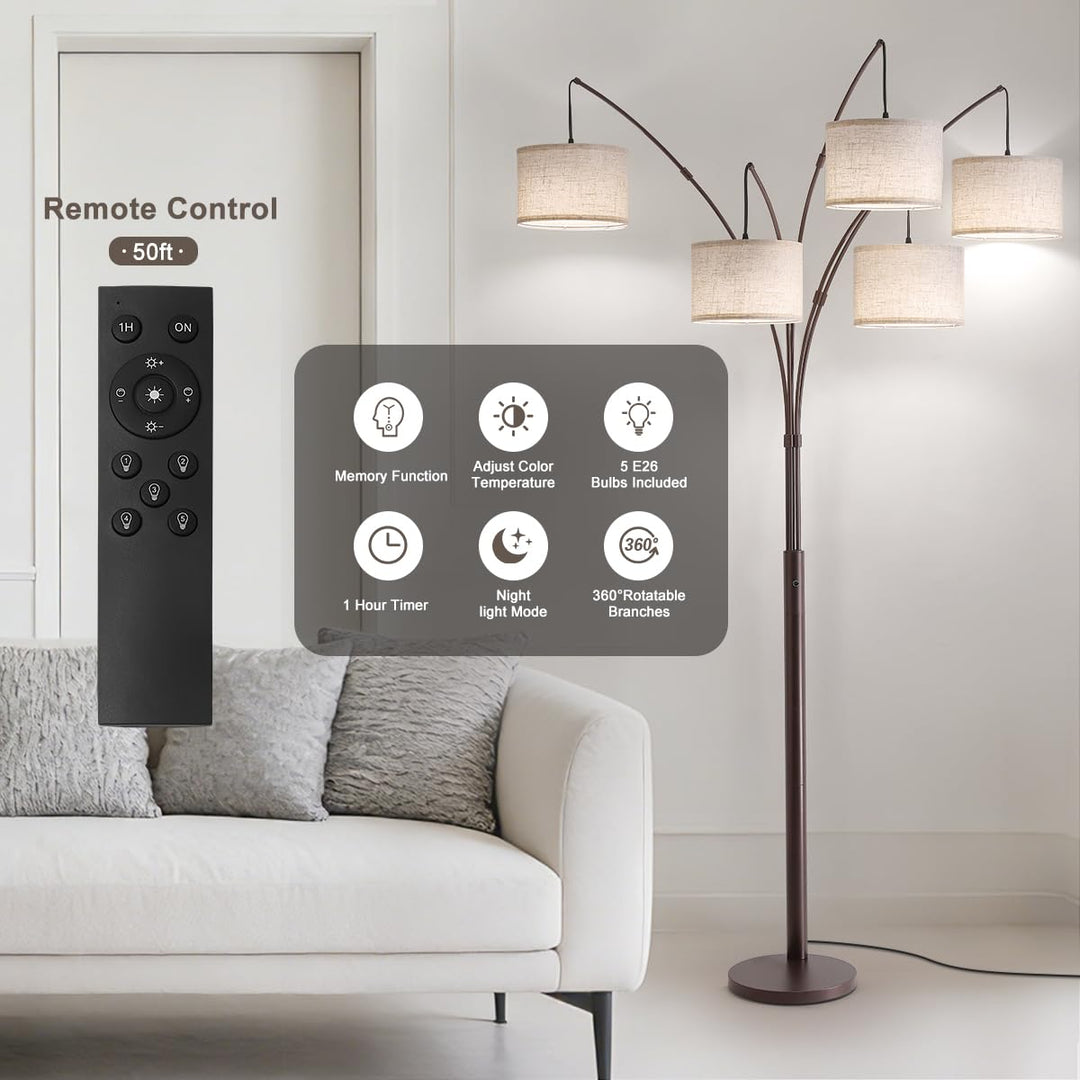 Fansdrick Dimmable Floor Lamp - Arc Floor Lamps for Living Room, 4000LM Super Bright Modern Tall Standing Lamp with Black Shades &amp; Heavy Base, Mid Century Tree Floor Lamp for Bedroom Office 