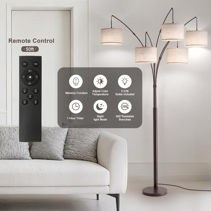 Fansdrick Dimmable Floor Lamp - Arc Floor Lamps for Living Room, 4000LM Super Bright Modern Tall Standing Lamp with Black Shades &amp; Heavy Base, Mid Century Tree Floor Lamp for Bedroom Office 
