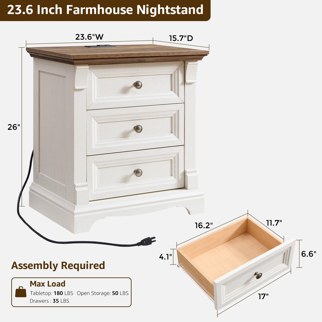 Farmhouse 26"H Nightstand Set of 2, 23.6"W End Table with Charging Station 