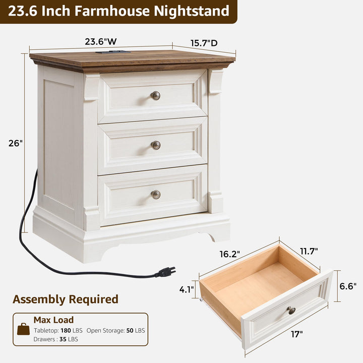 Farmhouse 26"H Nightstand Set of 2, 23.6"W End Table with Charging Station 