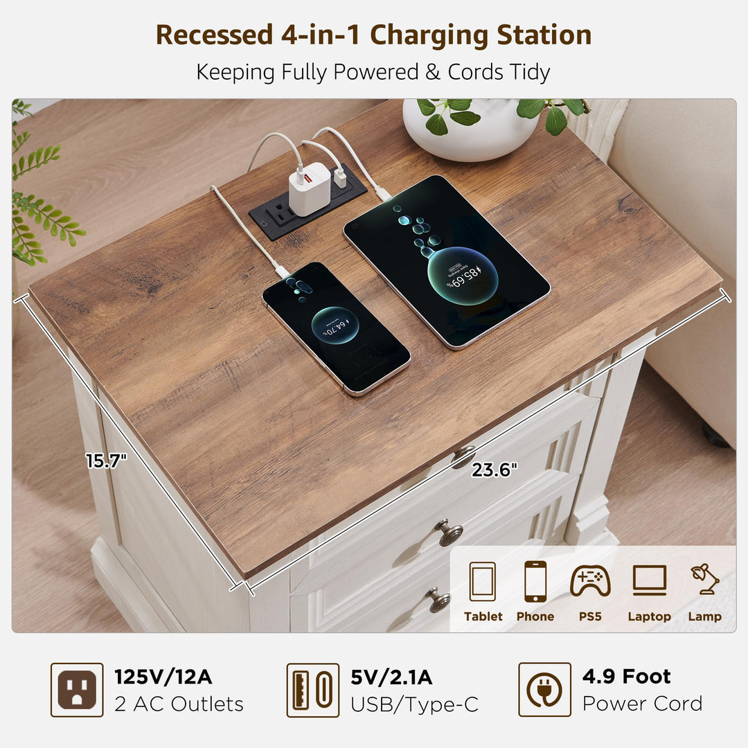 Farmhouse 26"H Nightstand Set of 2, 23.6"W End Table with Charging Station 