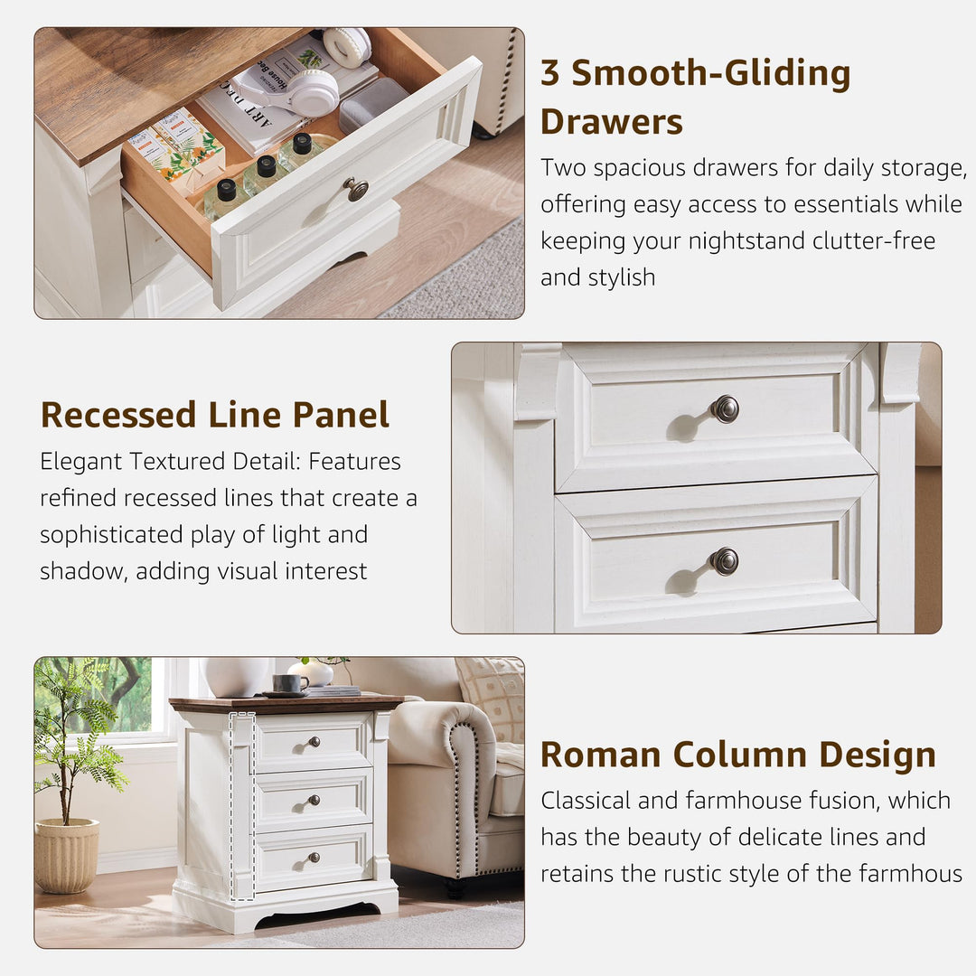 Farmhouse 26"H Nightstand Set of 2, 23.6"W End Table with Charging Station 