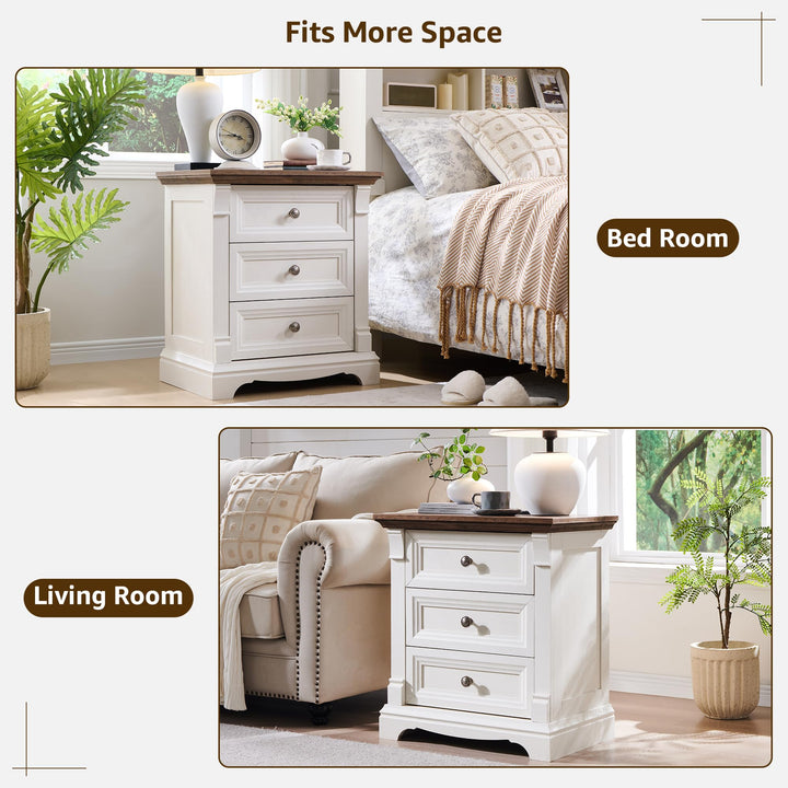 Farmhouse 26"H Nightstand Set of 2, 23.6"W End Table with Charging Station 