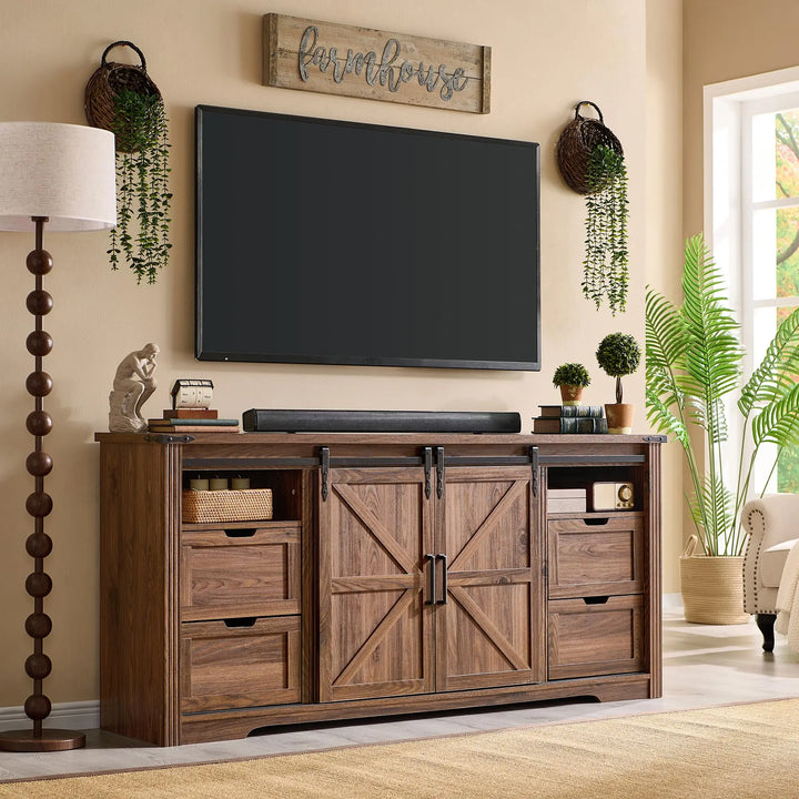Farmhouse 66 Inch TV Stand for 75+ Inch TV, 4 Drawers, Sliding Barn Door