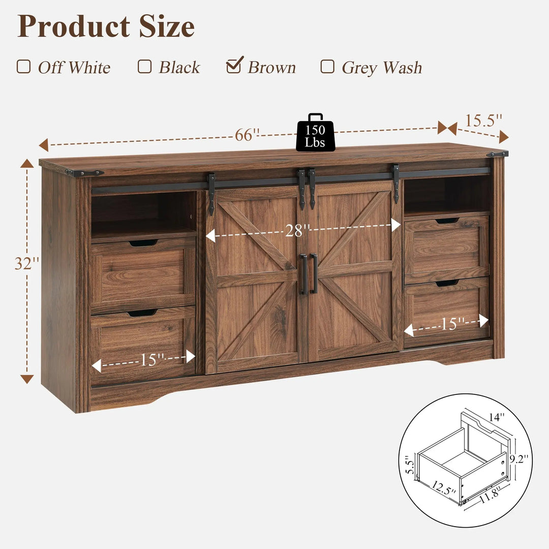 Farmhouse 66 Inch TV Stand for 75+ Inch TV, 4 Drawers, Sliding Barn Door