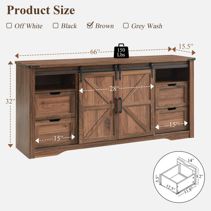 Farmhouse 66 Inch TV Stand for 75+ Inch TV, 4 Drawers, Sliding Barn Door