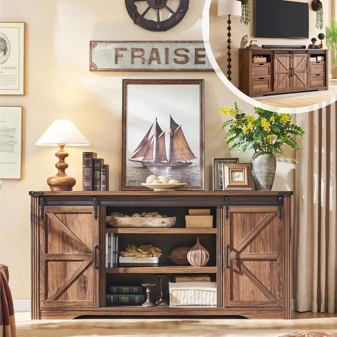 Farmhouse 66 Inch TV Stand for 75+ Inch TV, 4 Drawers, Sliding Barn Door