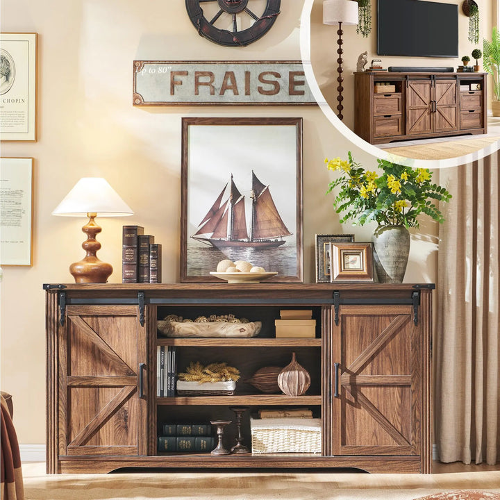 Farmhouse 66 Inch TV Stand for 75+ Inch TV, 4 Drawers, Sliding Barn Door
