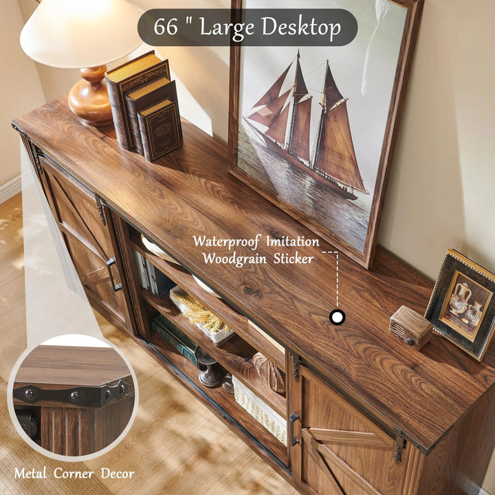 Farmhouse 66 Inch TV Stand for 75+ Inch TV, 4 Drawers, Sliding Barn Door