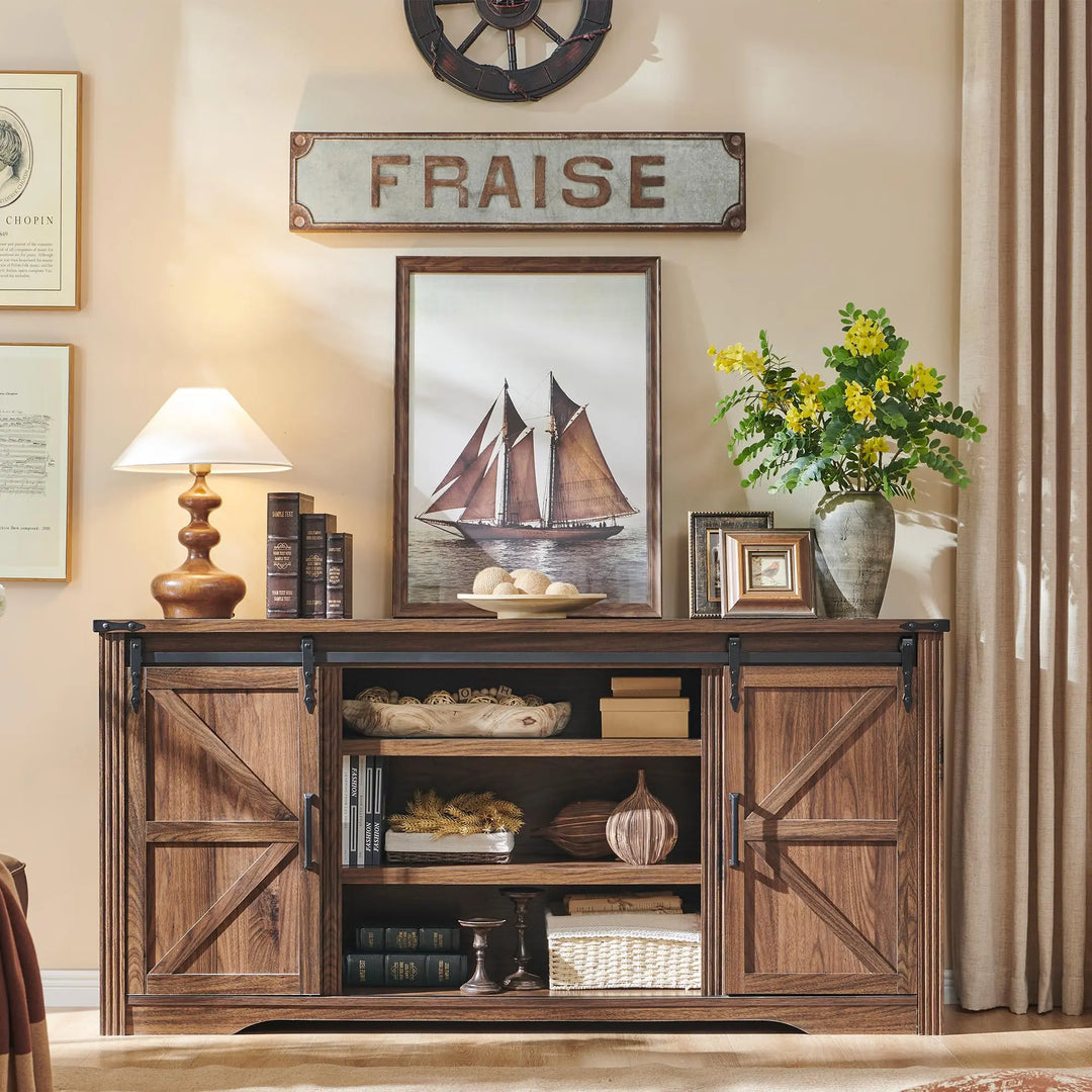 Farmhouse 66 Inch TV Stand for 75+ Inch TV, 4 Drawers, Sliding Barn Door