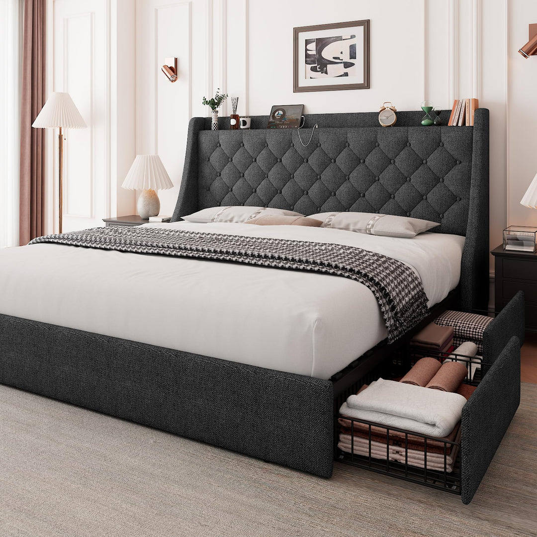Feonase Queen Bed Frame with 4 Storage Drawers, Upholstered Storage Bed with Charging Station, Tufted Wingback Headboard, No Box Spring Needed, Dark Grey 