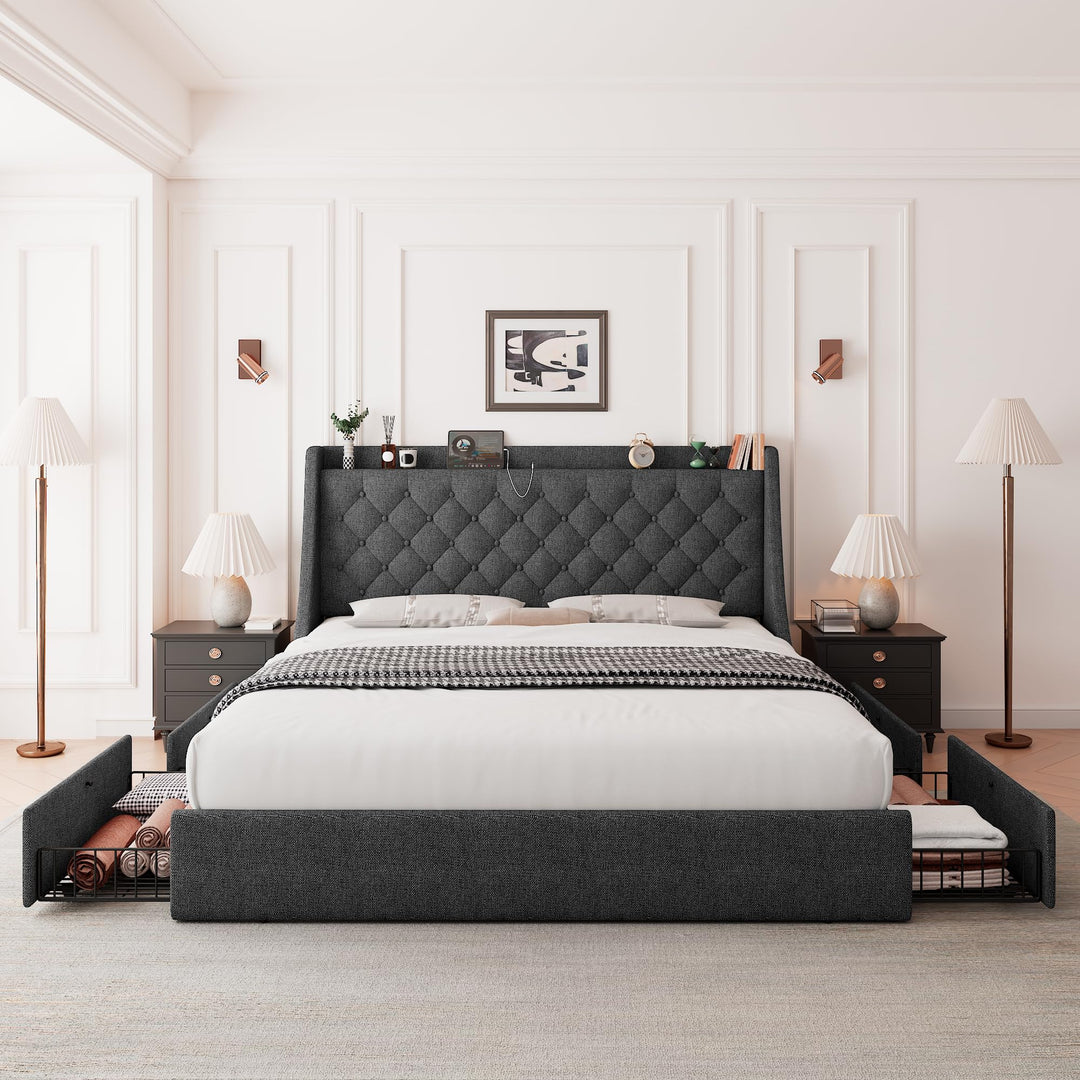 Feonase Queen Bed Frame with 4 Storage Drawers, Upholstered Storage Bed with Charging Station, Tufted Wingback Headboard, No Box Spring Needed, Dark Grey 