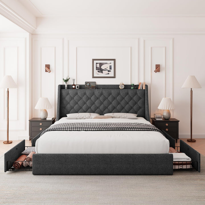 Feonase Queen Bed Frame with 4 Storage Drawers, Upholstered Storage Bed with Charging Station, Tufted Wingback Headboard, No Box Spring Needed, Dark Grey 