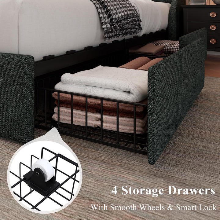 Feonase Queen Bed Frame with 4 Storage Drawers, Upholstered Storage Bed with Charging Station, Tufted Wingback Headboard, No Box Spring Needed, Dark Grey 