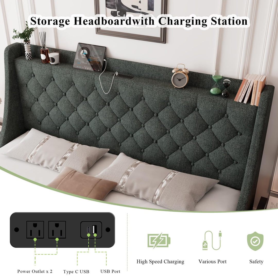 Feonase Queen Bed Frame with 4 Storage Drawers, Upholstered Storage Bed with Charging Station, Tufted Wingback Headboard, No Box Spring Needed, Dark Grey 