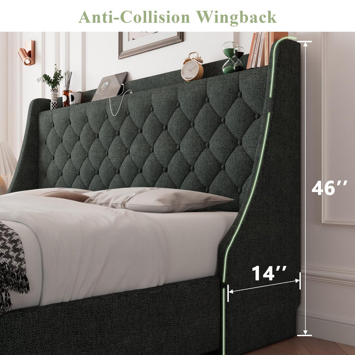 Feonase Queen Bed Frame with 4 Storage Drawers, Upholstered Storage Bed with Charging Station, Tufted Wingback Headboard, No Box Spring Needed, Dark Grey 